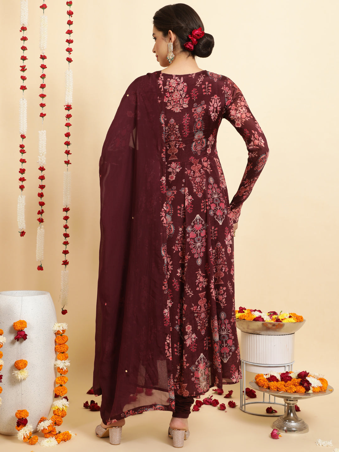 Wine Ethnic Printed Zardozi Anarkali With Churidar And Dupatta
