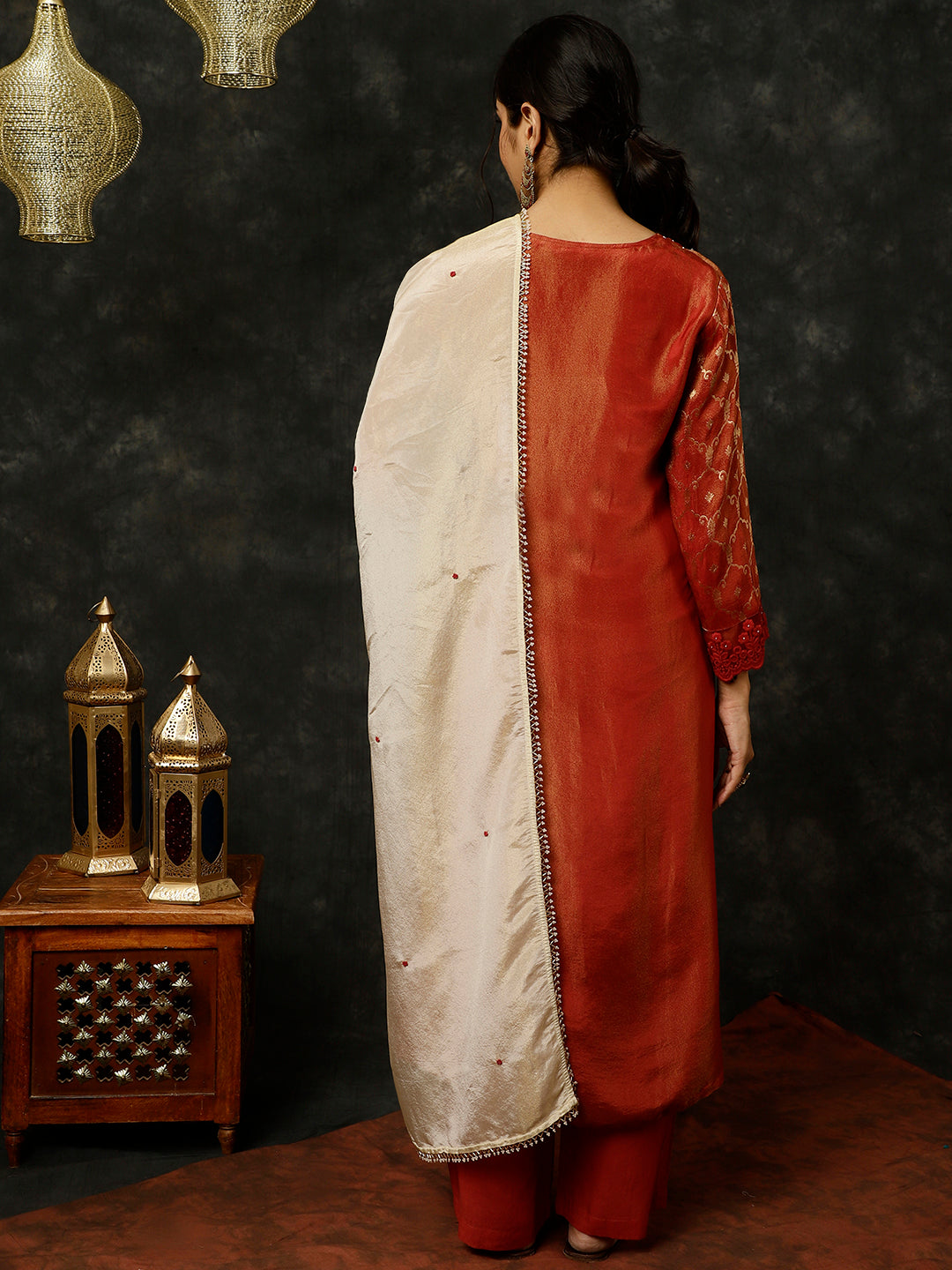 Maroon Bead Work Silk Straight Kurta With Pants And Dupatta