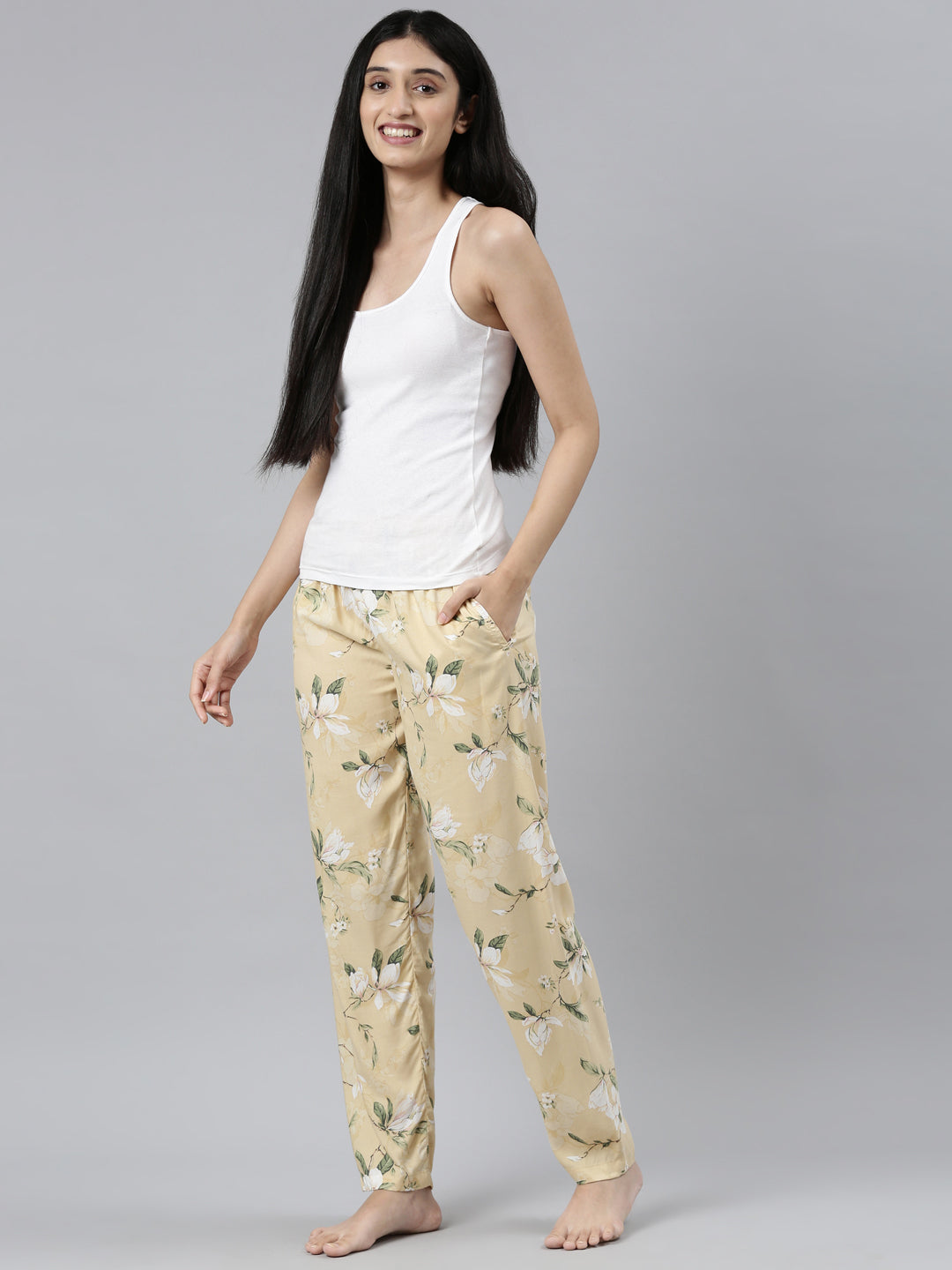 Yellow Woven Viscose Printed Lounge Pants