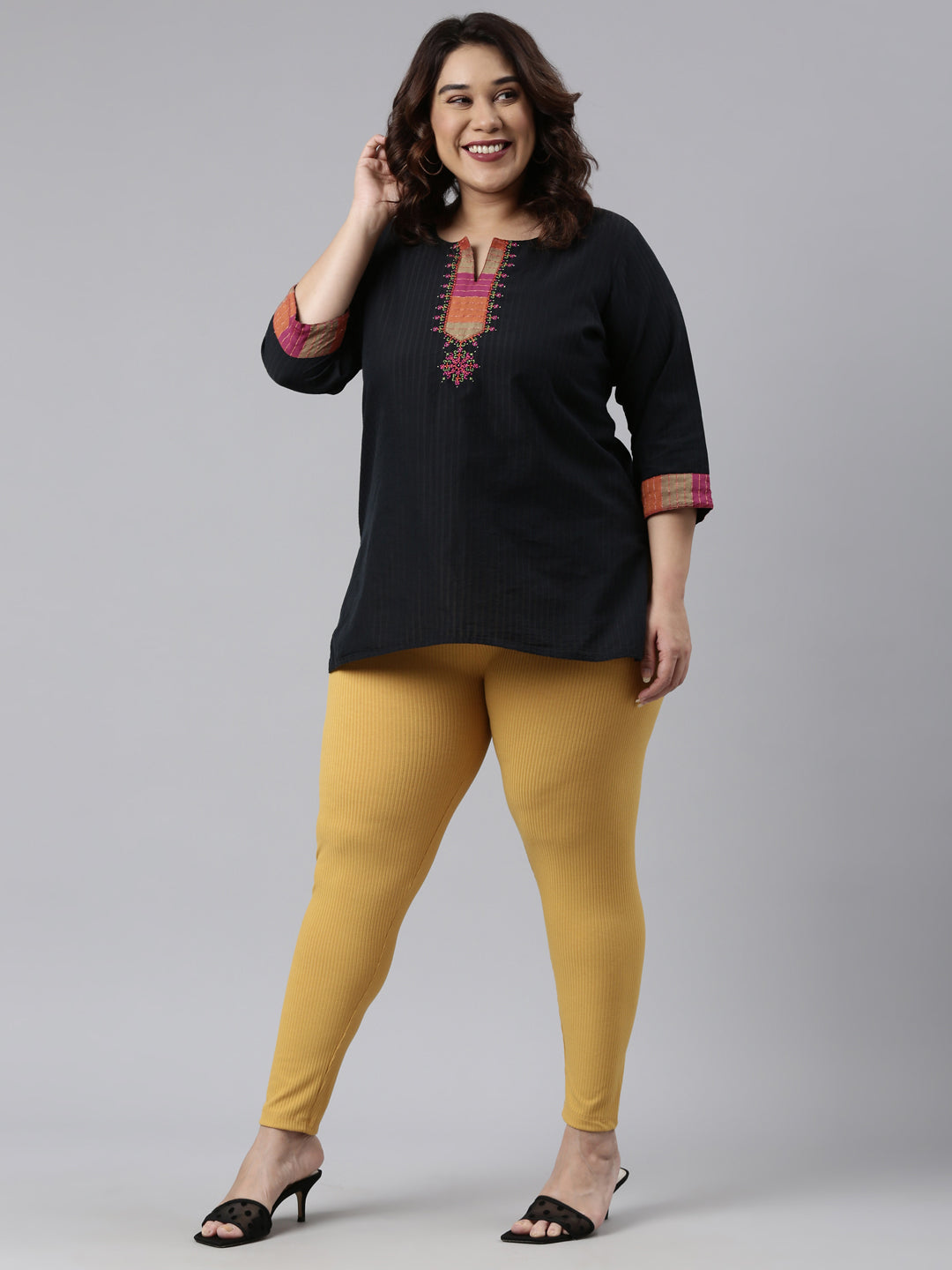 Golden Yellow Drop Needle Fabric Rib Leggings