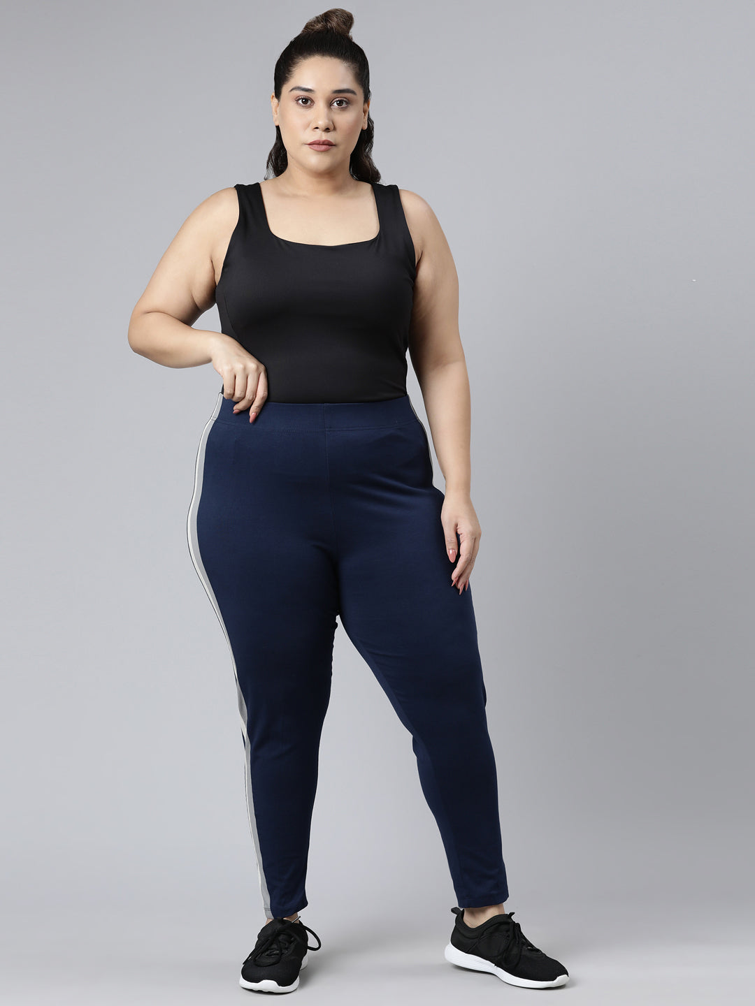 Navy Cotton Stretch Side Stripes Active Leggings