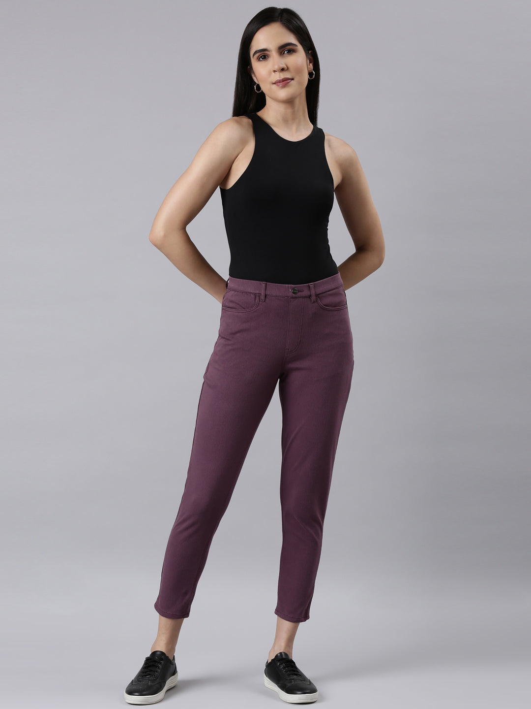Purple Cotton Poly Stretch Cropped Colored Jeggings
