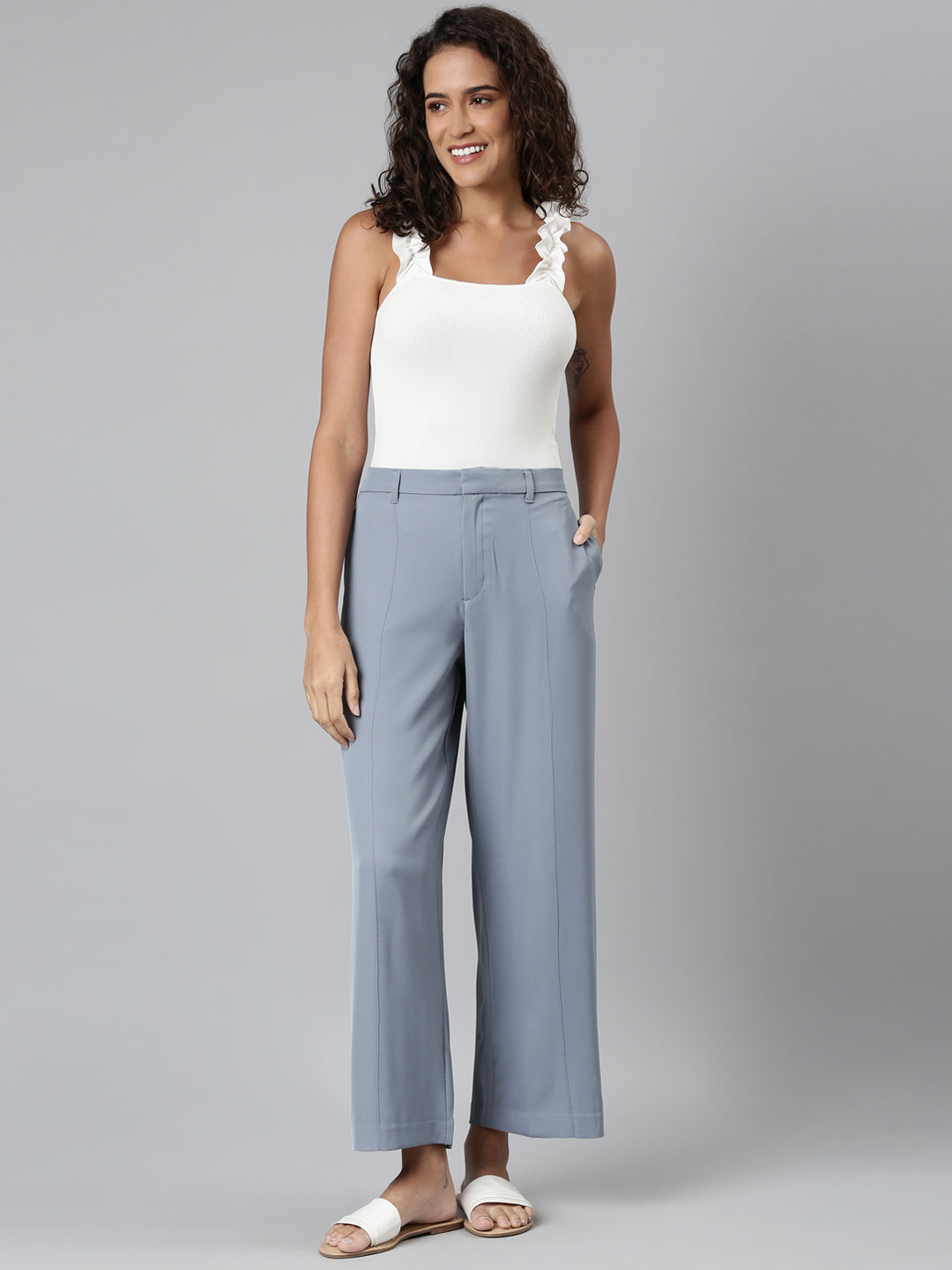Dusty Blue Crepe Wide Trouser