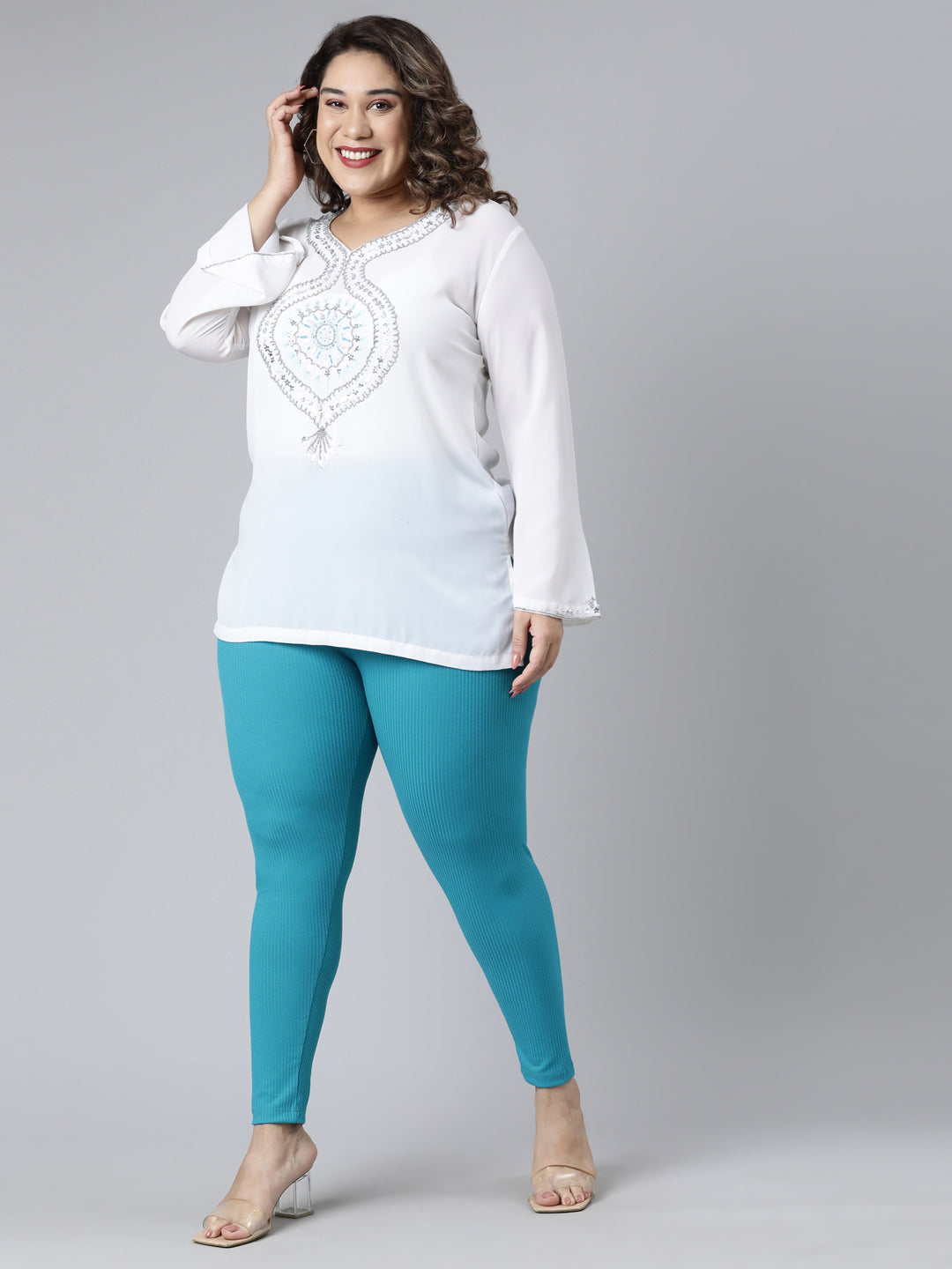 Peacock Blue Drop Needle Fabric Rib Leggings