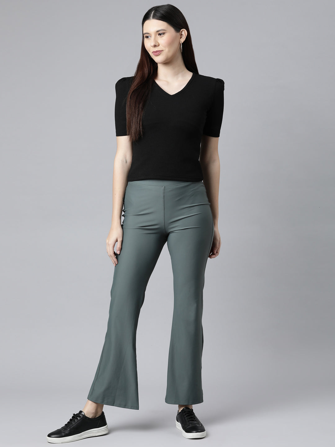 Olive Green Nylon Stretch Bell Bottom