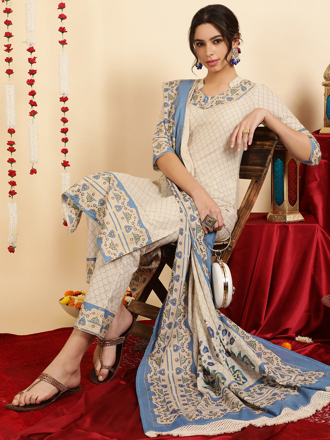 Ethnic Printed Blue Cotton Straight Kurta With Pants And Dupatta