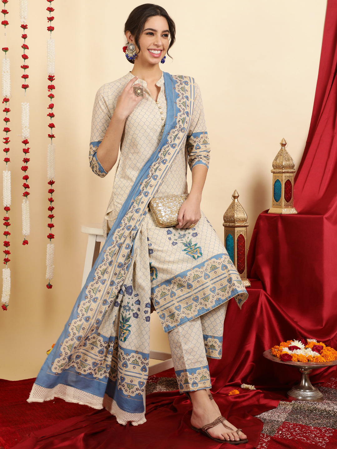 Blue Ethnic Motif Printed Cotton Straight Kurta With Pants And Dupatta