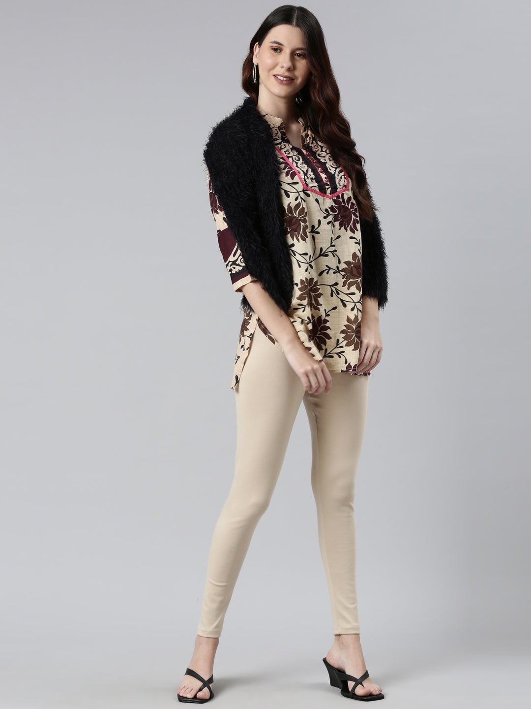 Light Beige Cotton Stretch Ribbed warm Leggings