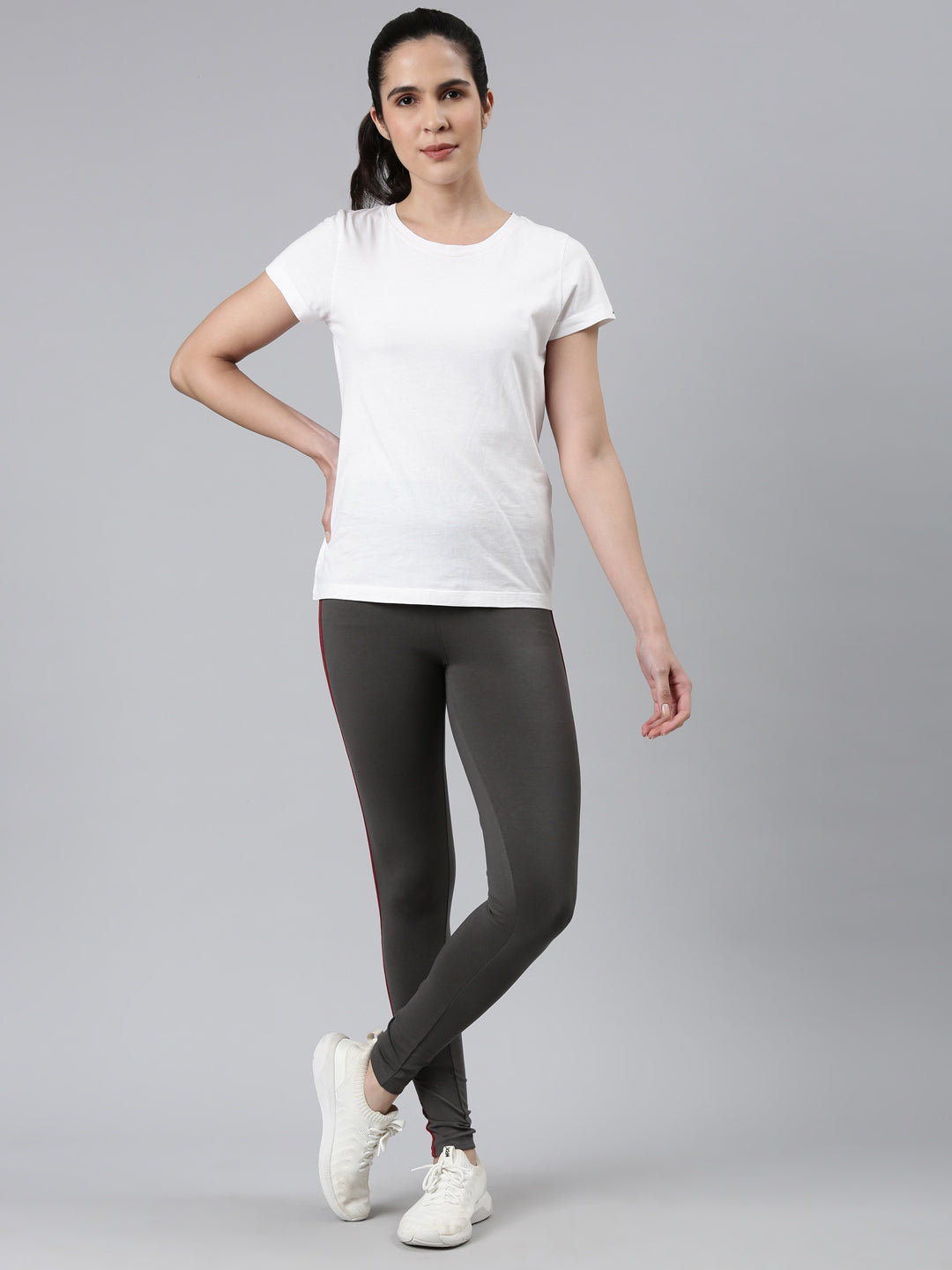 Silver Grey Cotton Stretch Side Stripes Active Leggings