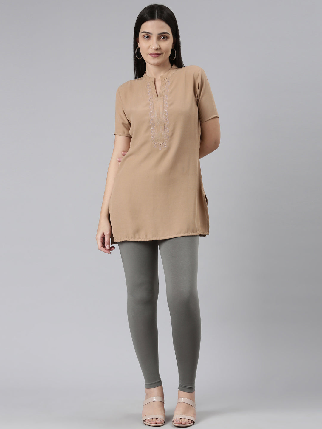 Medium Grey Cotton Stretch Ankle Length Leggings