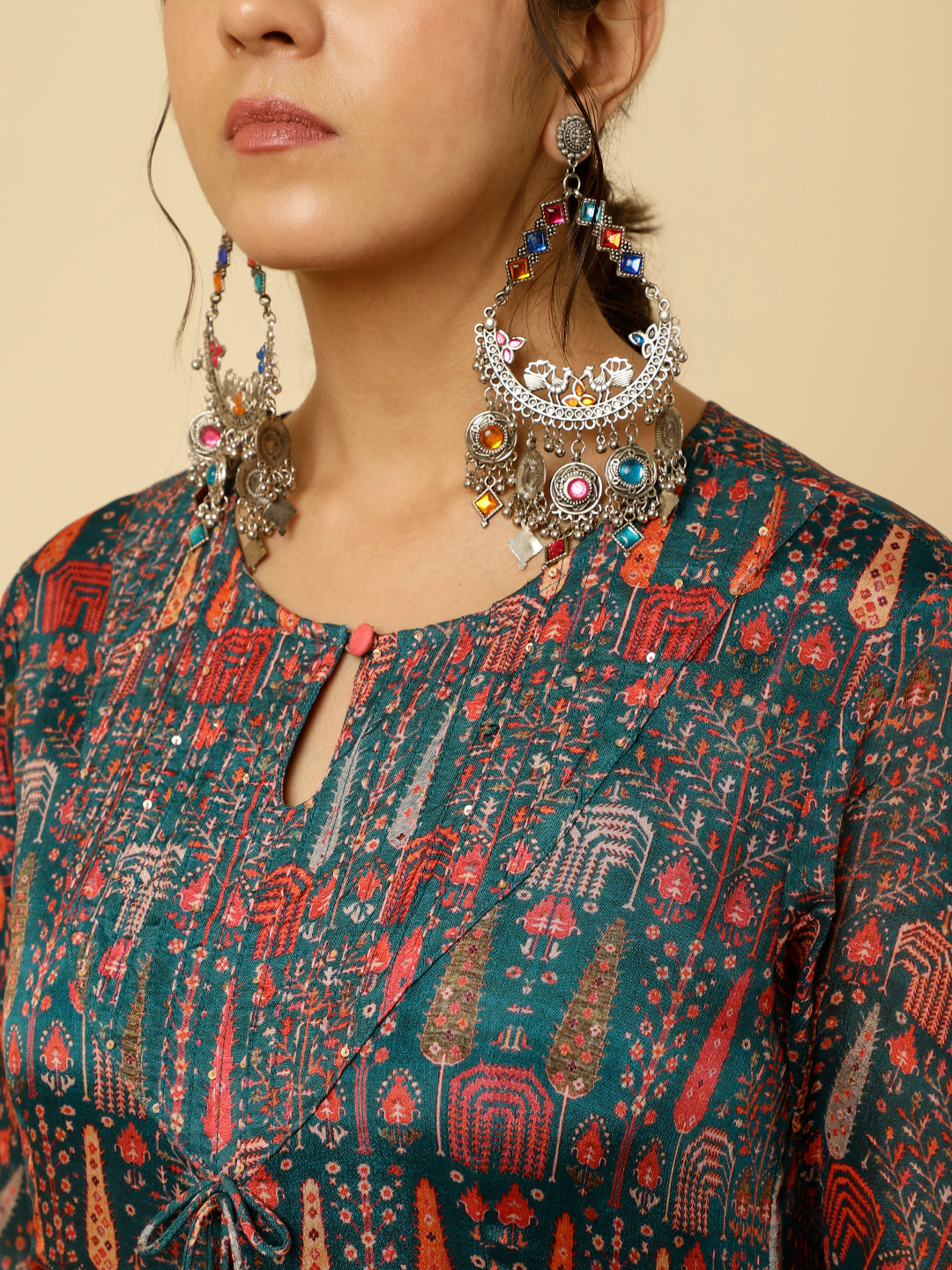 Teal Tribal Printed Flared Kurta With Dupatta