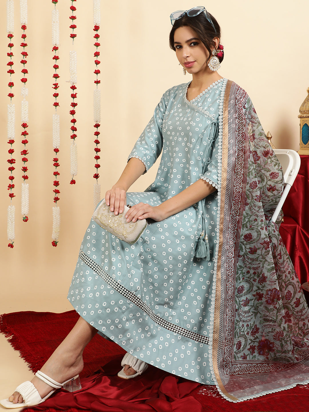 Festive Printed Anarkali Kurta Set With Handblock Dupatta