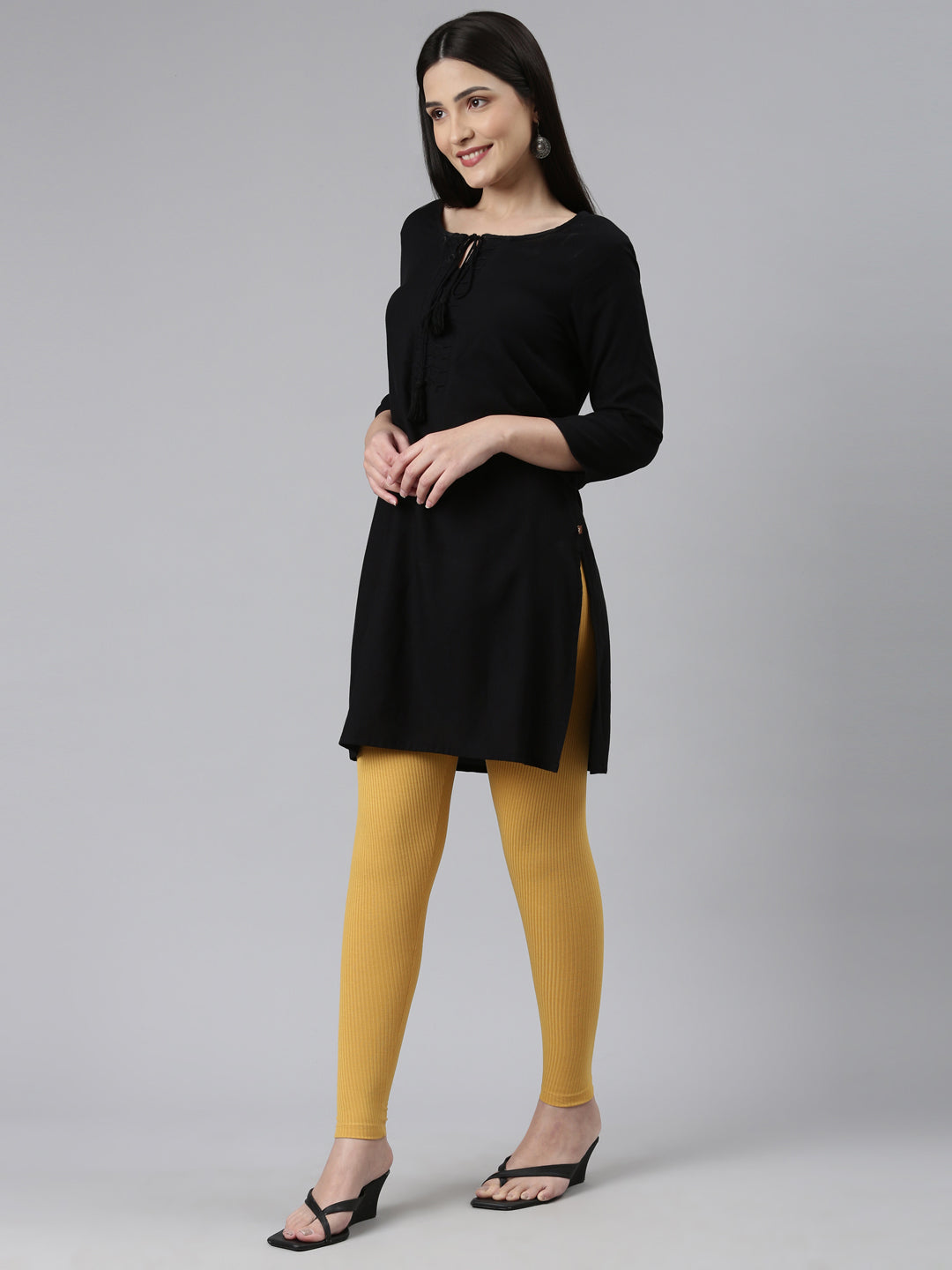 Golden Yellow Drop Needle Fabric Rib Leggings