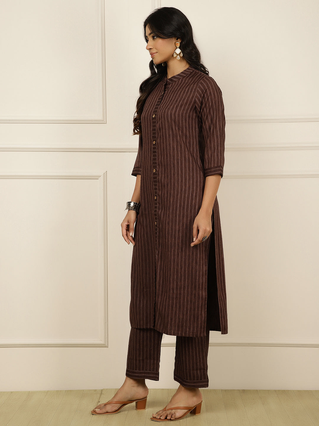 Brown Self-Design Straight Kurta With Palazzo