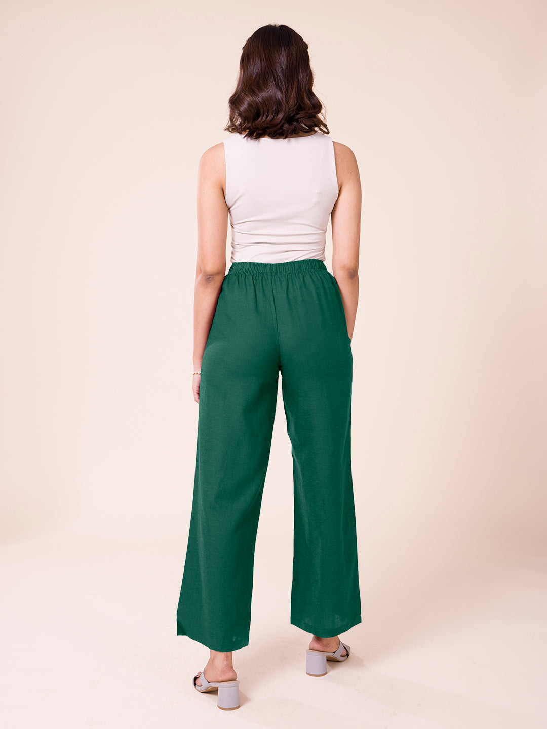 Bottle Green Viscose Blend Linen Palazzos