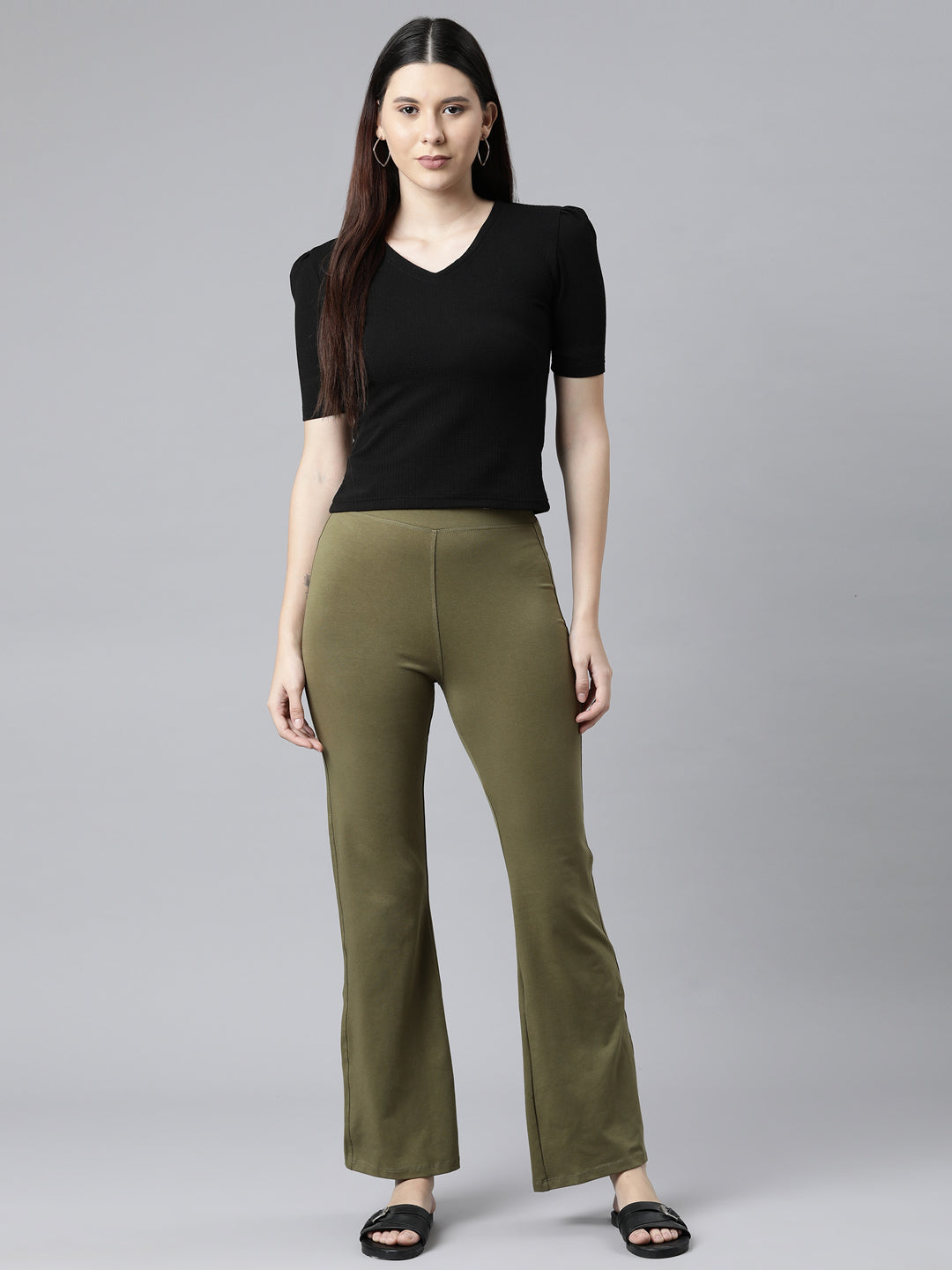 Olive Green Cotton Stretch Flared Pant