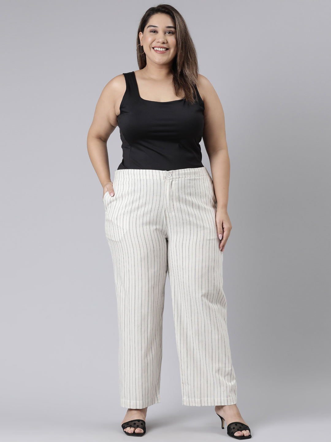White Cotton Stripes Cargo Pant