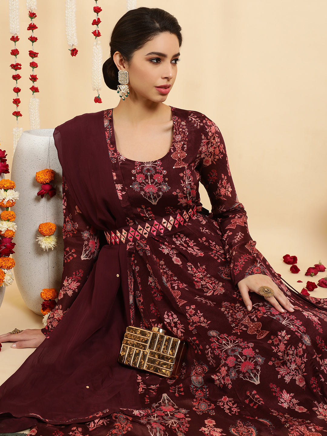 Wine Ethnic Printed Zardozi Anarkali With Churidar And Dupatta