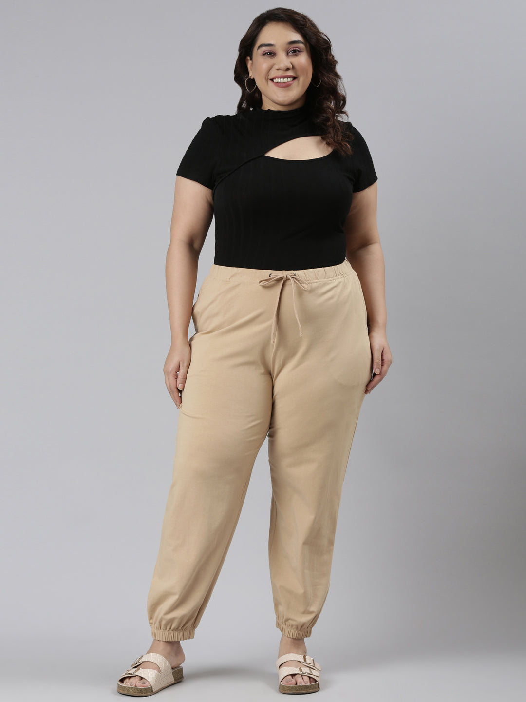 Beige Cotton Stretch Casual Joggers