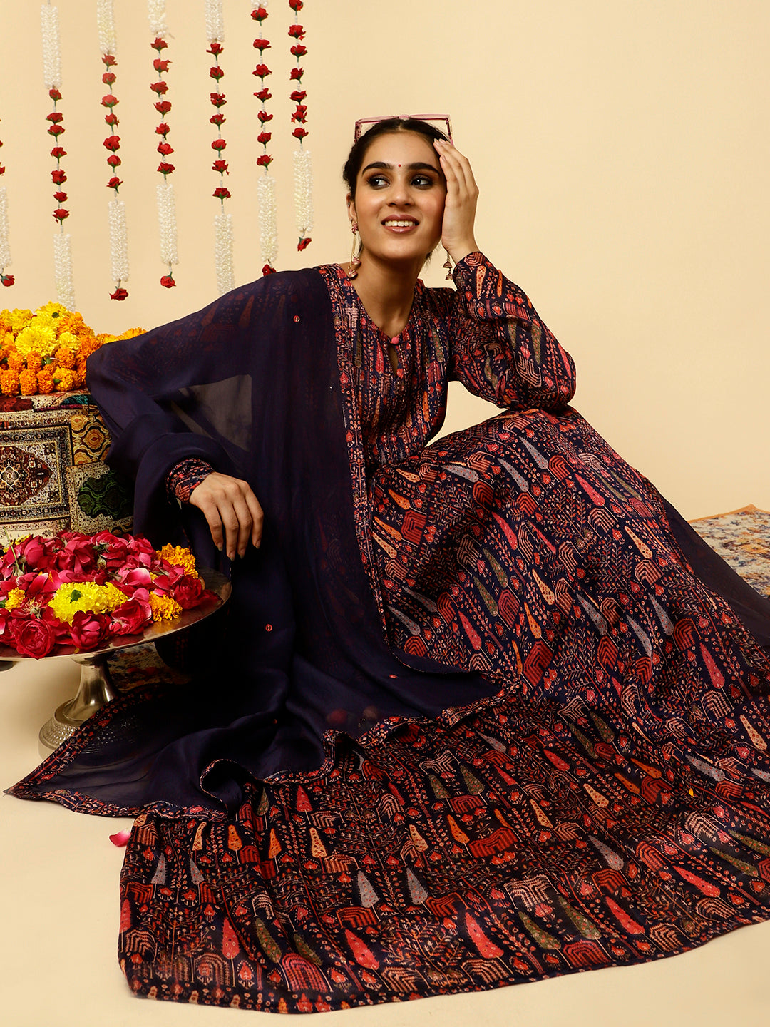 Purple Tribal Printed Flared Kurta With Dupatta