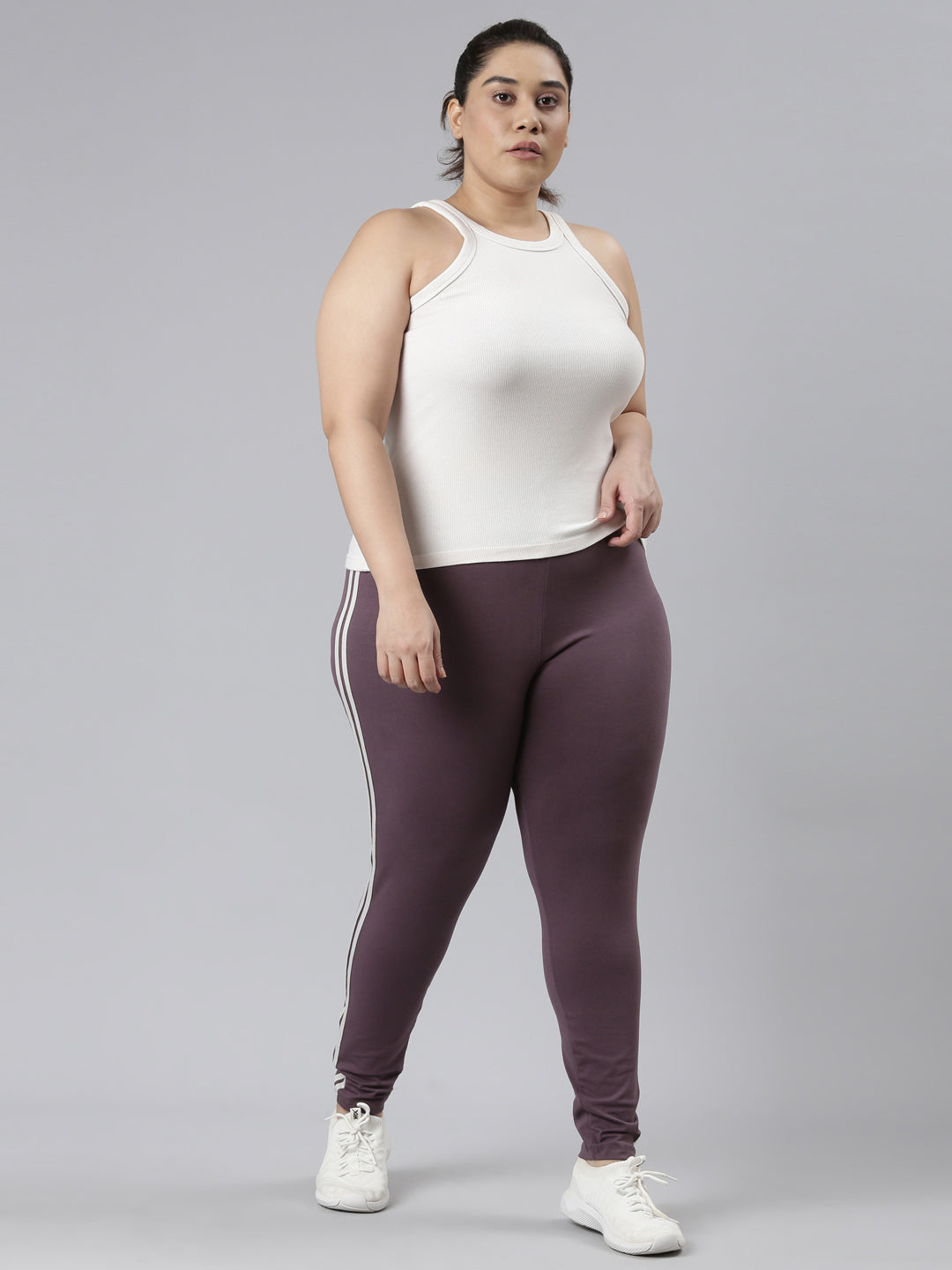 Purple Cotton Stretch Side Stripes Active Leggings