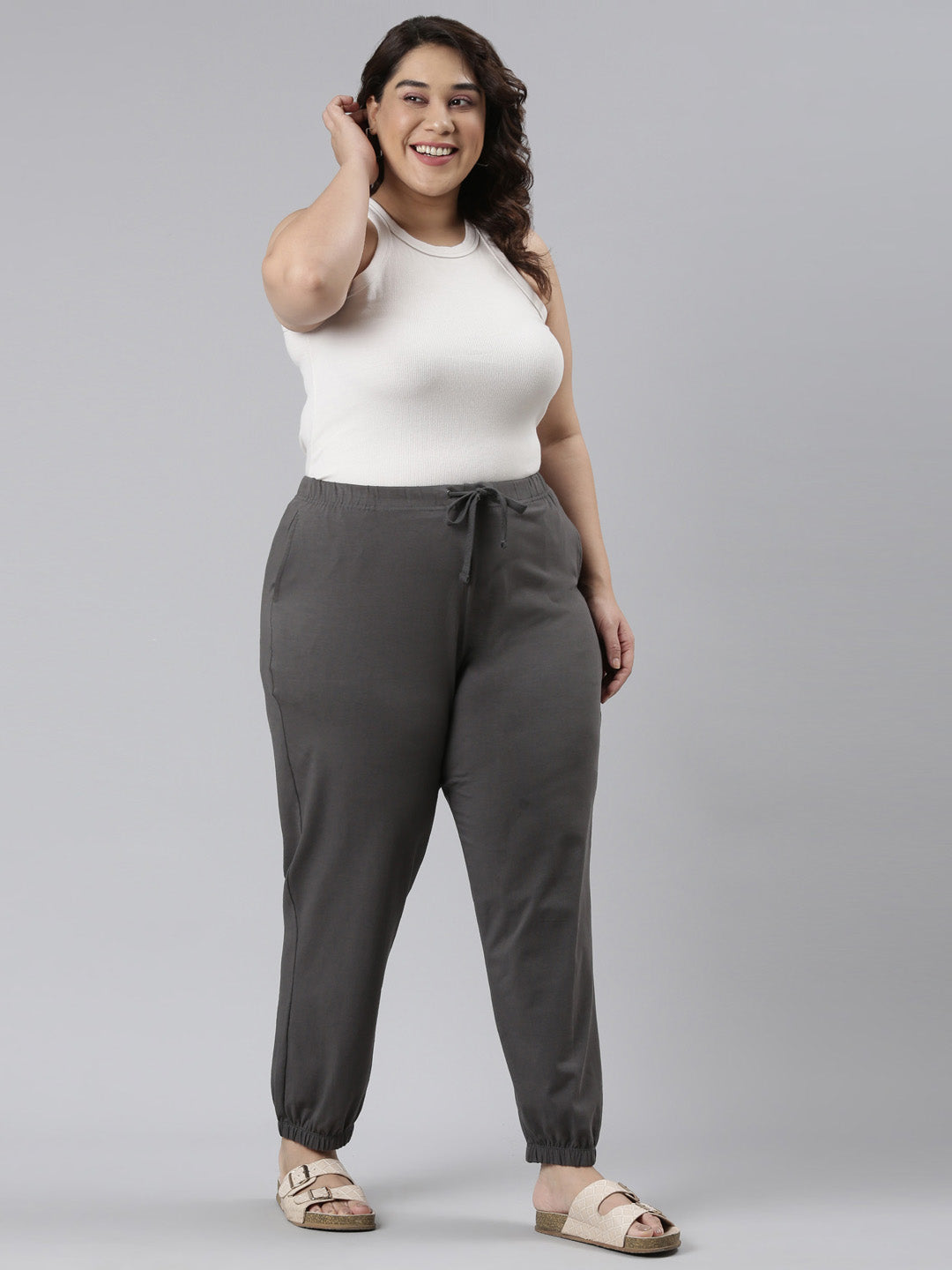 Silver Grey Cotton Stretch Casual Joggers