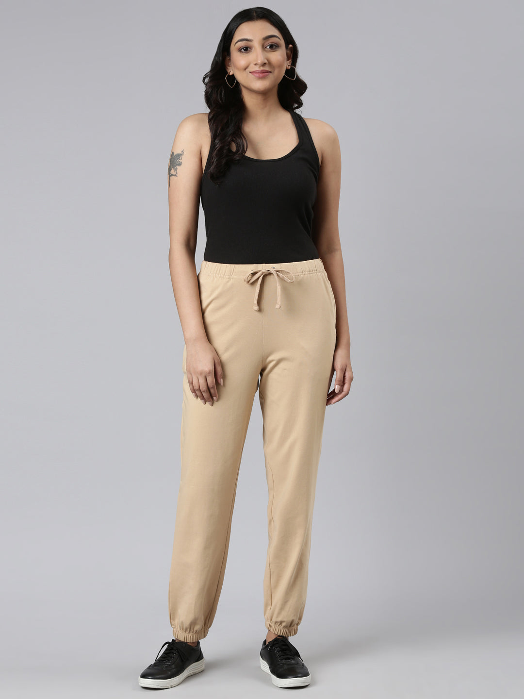 Beige Cotton Stretch Casual Joggers