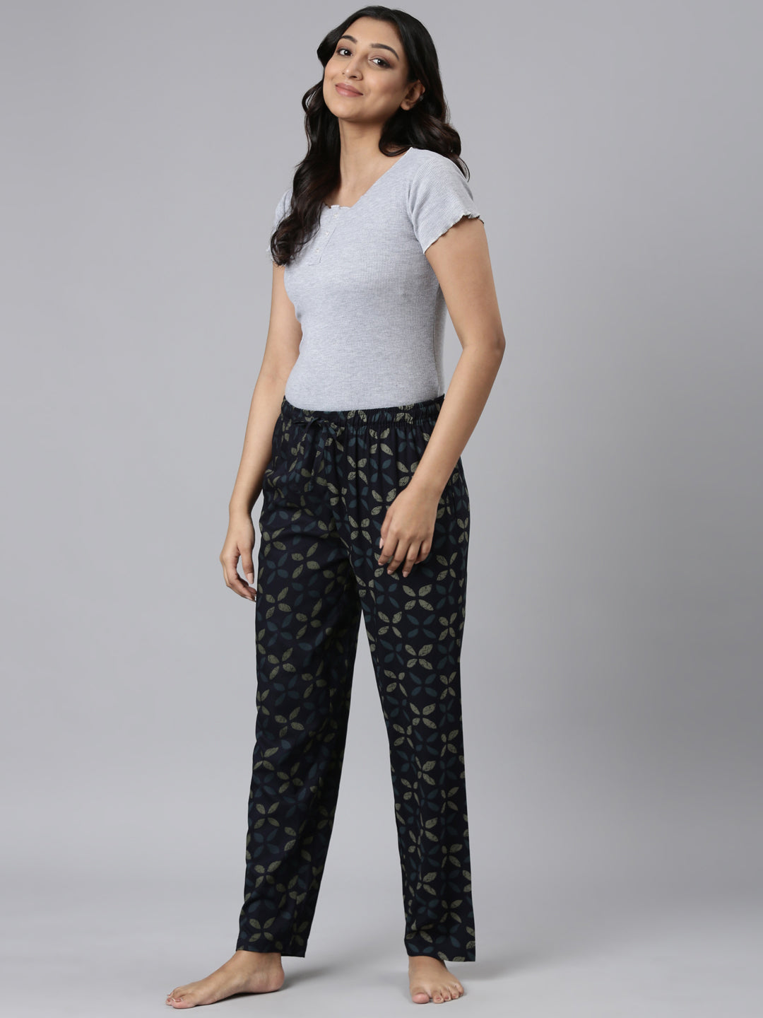 Navy Woven Viscose Printed Lounge Pants
