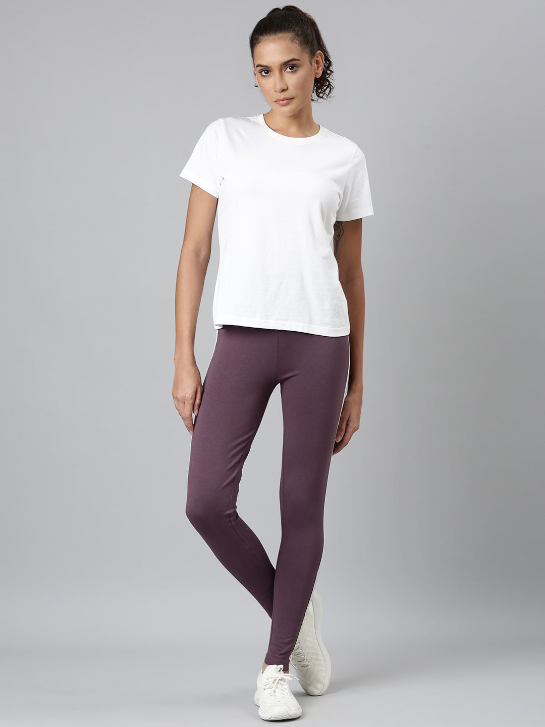 Purple Cotton Stretch Side Stripes Active Leggings