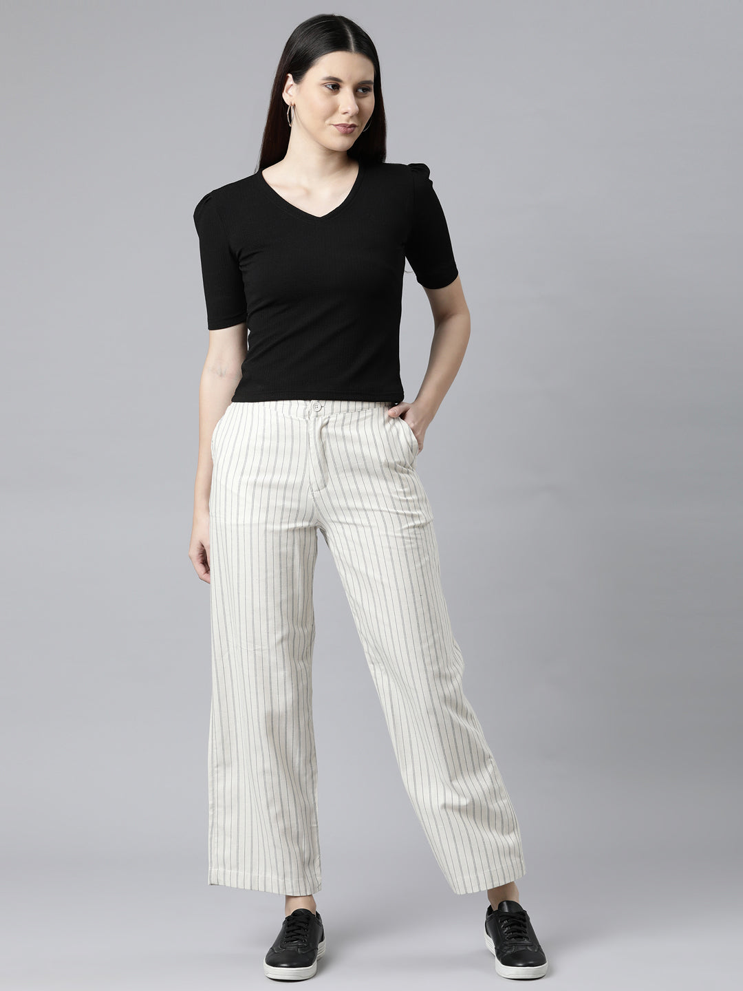 White Cotton Stripes Cargo Pant