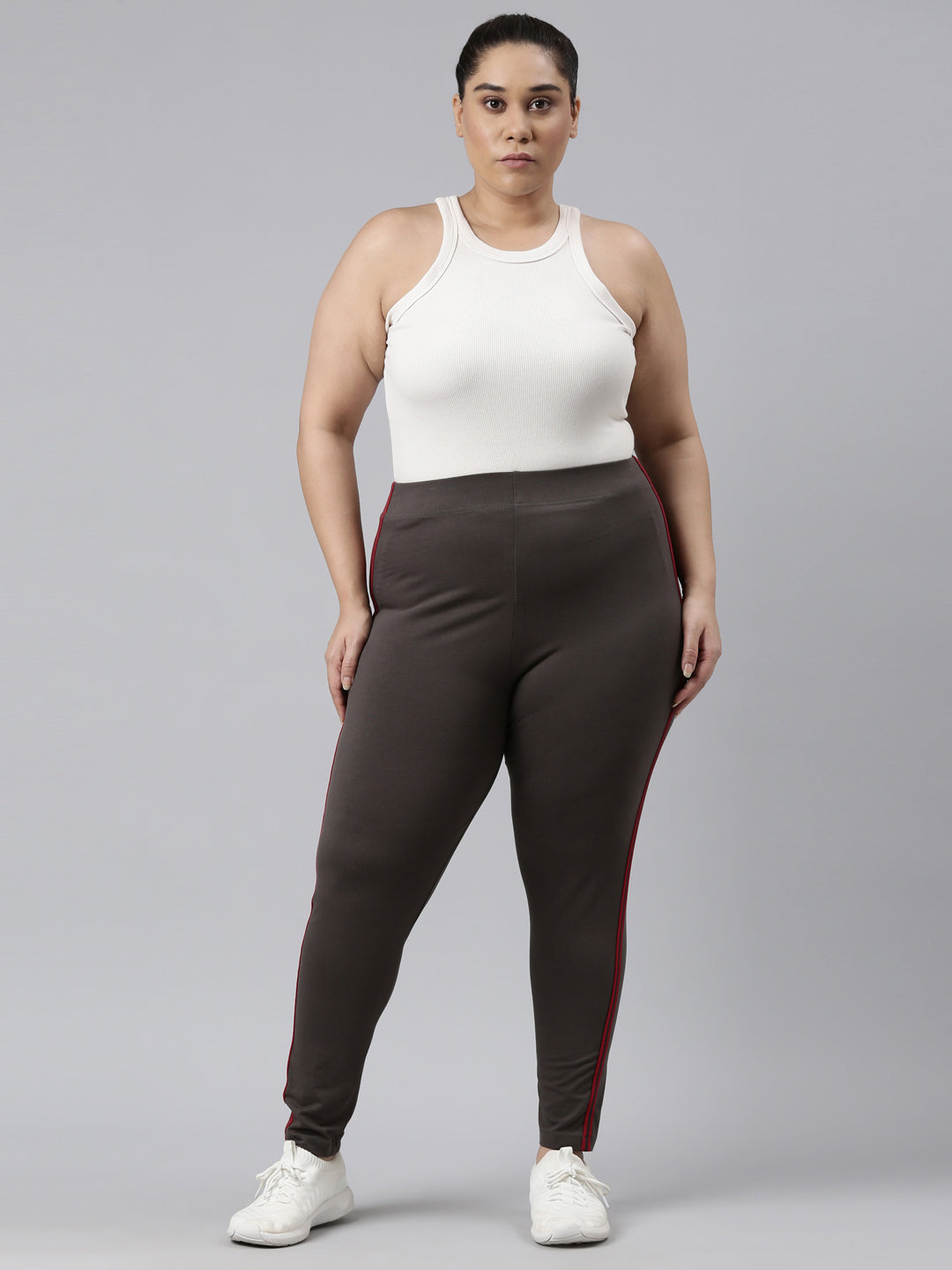 Silver Grey Cotton Stretch Side Stripes Active Leggings