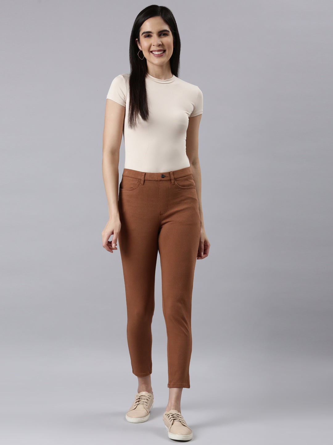Light Brown Cotton Poly Stretch Cropped Colored Jeggings