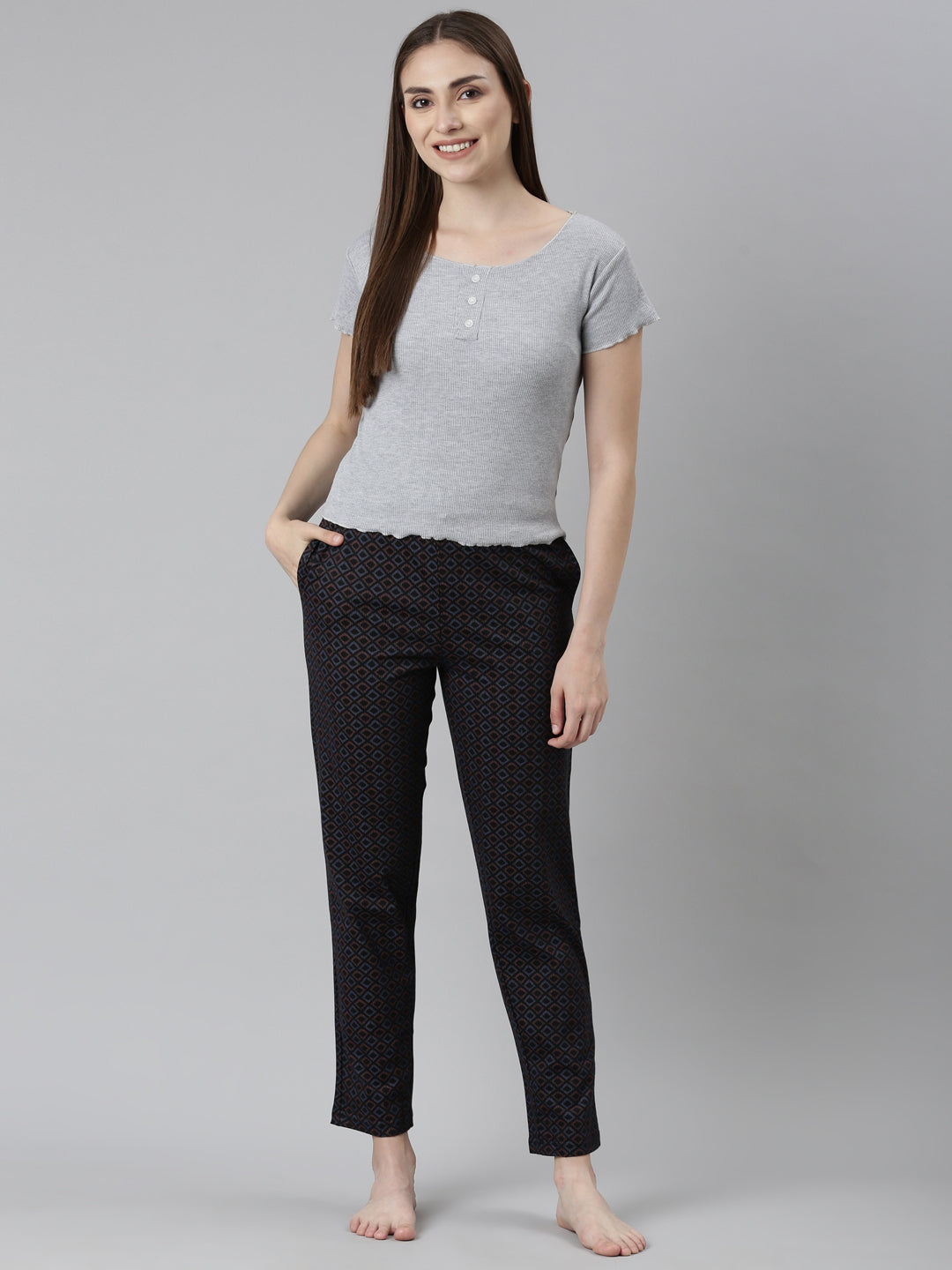 Black Cotton Knit Printed Lounge Pants