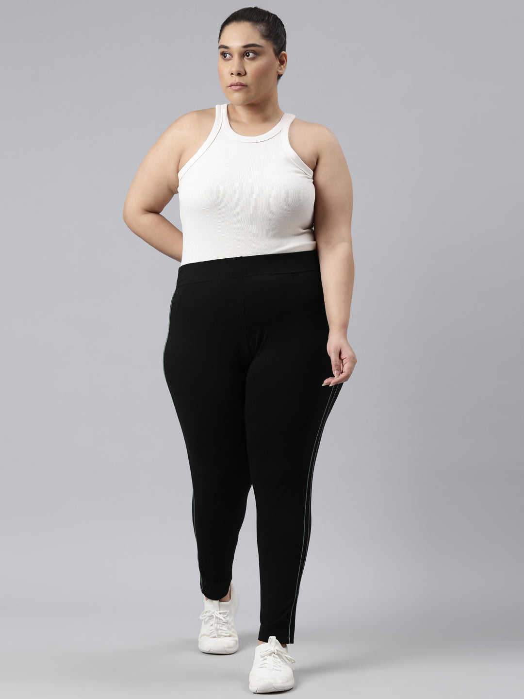 Black Cotton Stretch Side Stripes Active Leggings