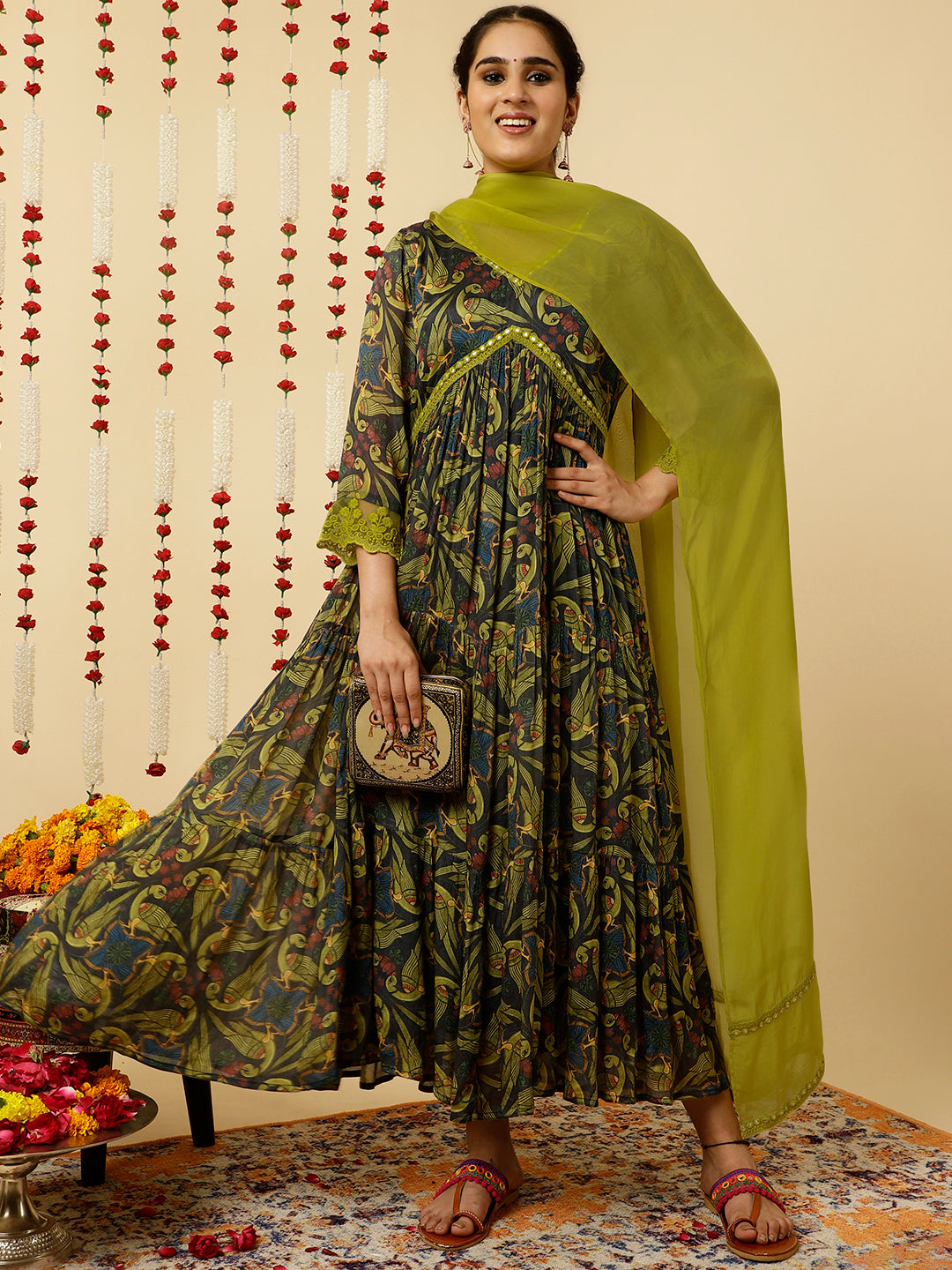 Green Animal Print Flared Kurta With Dupatta