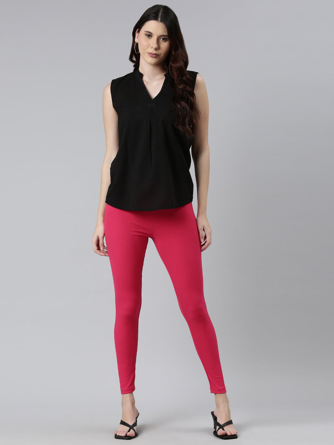Young Fuchsia Drop Needle Fabric Rib Leggings