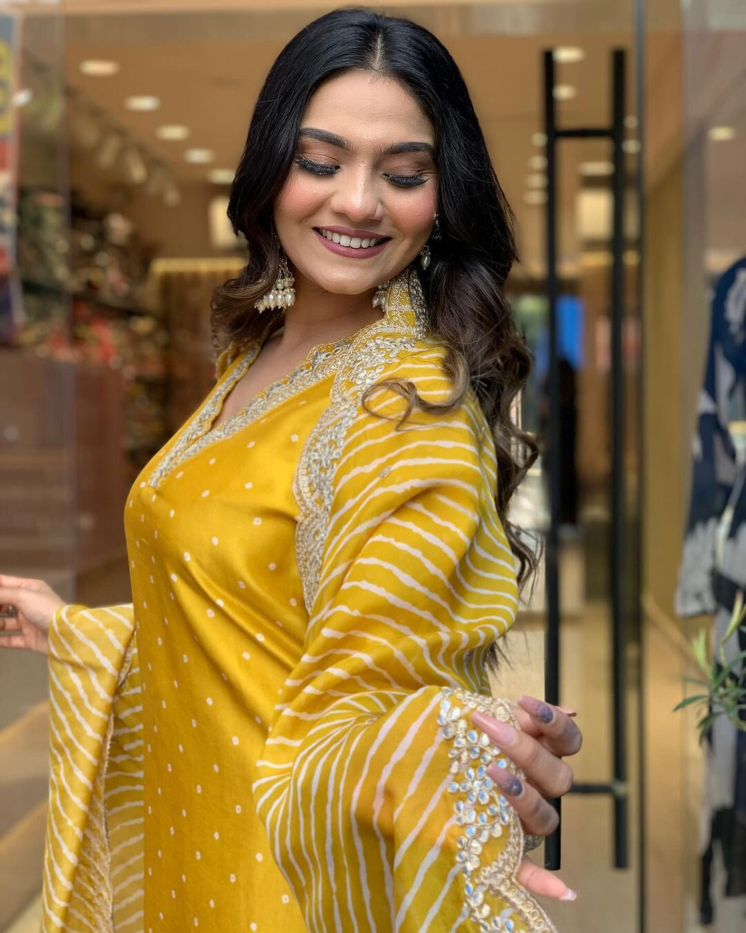 Yellow Embroidered Chinon Suit Set with Lehariya Dupatta