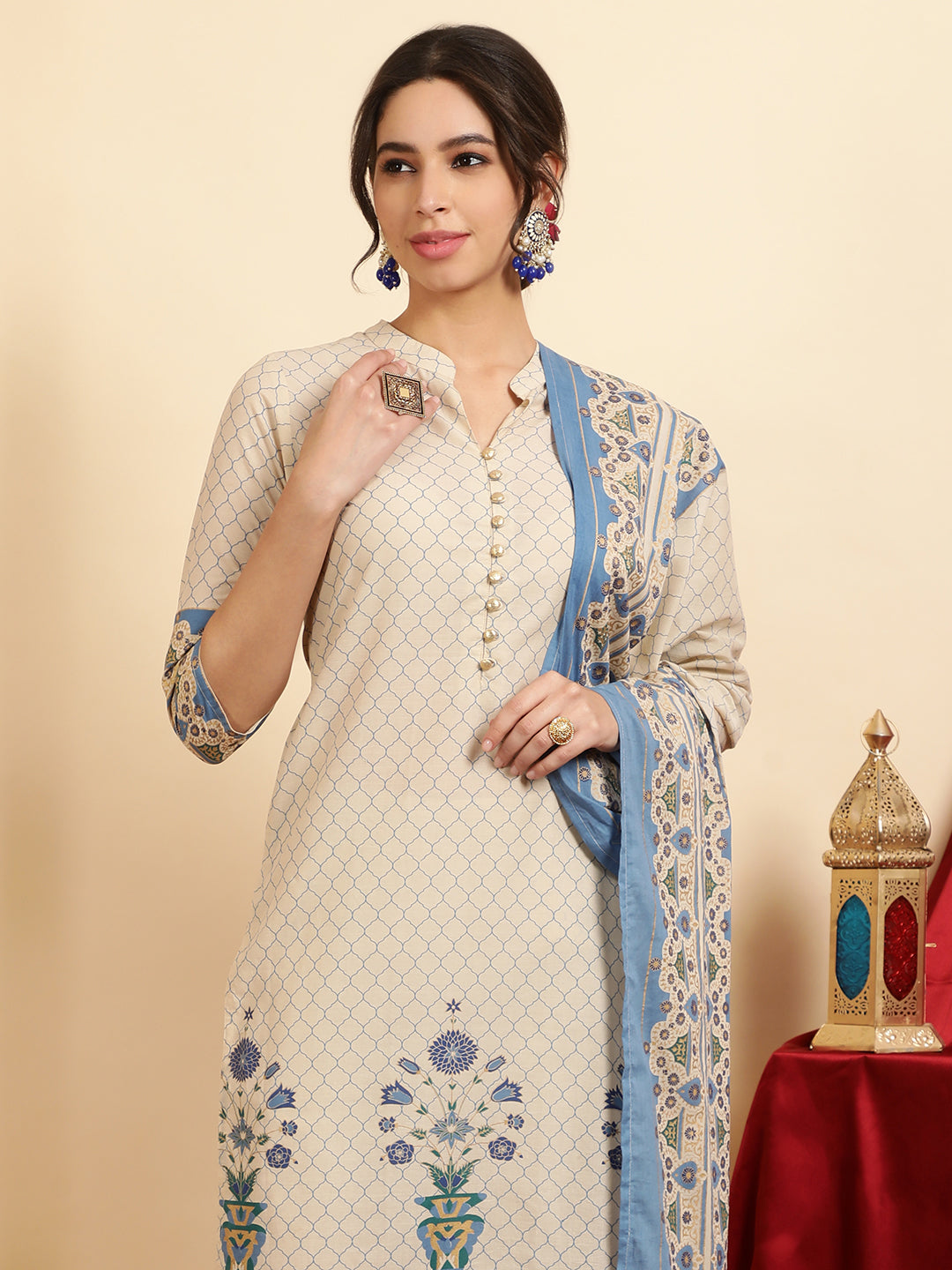 Blue Ethnic Motif Printed Cotton Straight Kurta With Pants And Dupatta