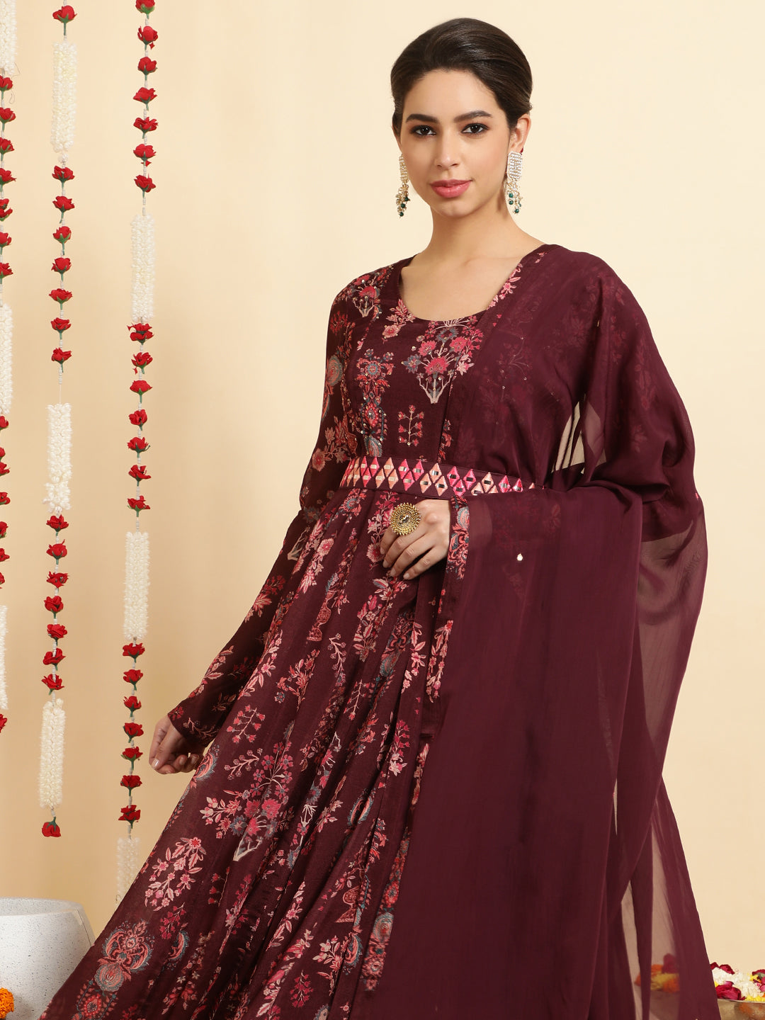 Wine Ethnic Printed Zardozi Anarkali With Churidar And Dupatta
