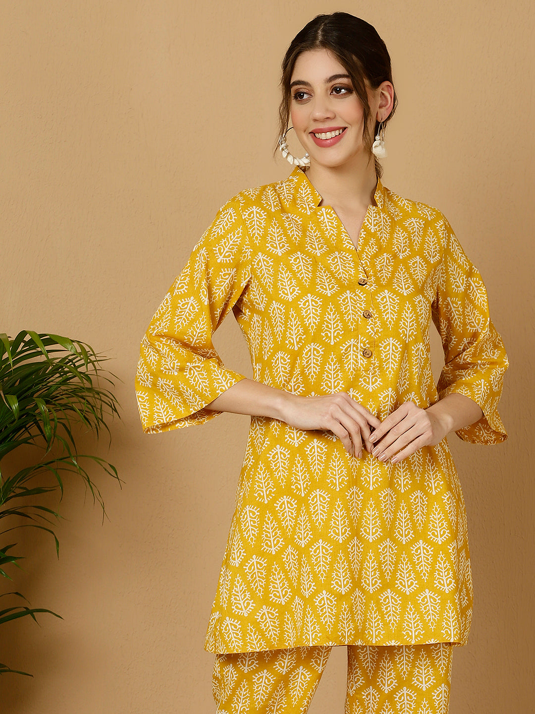 Yellow Ethnic Printed Kurta With Palazzo Loungewear