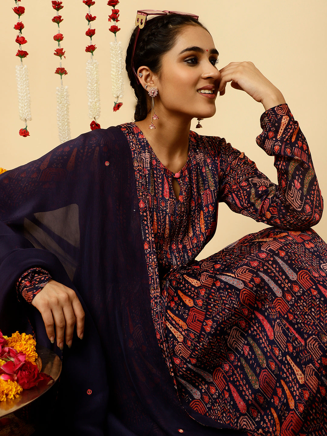 Purple Tribal Printed Flared Kurta With Dupatta