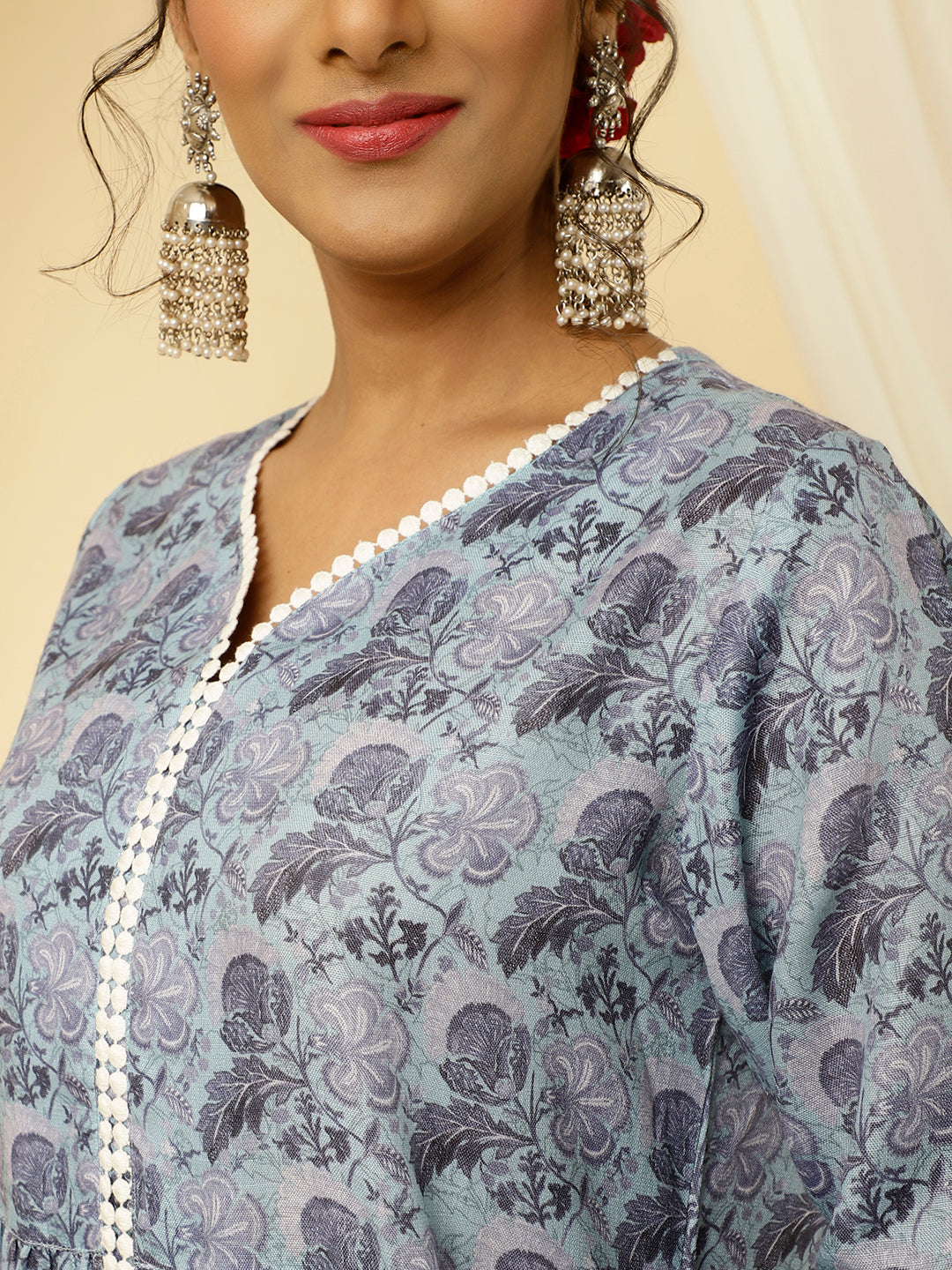 Blue Floral Print Flared Kurta With Sharara