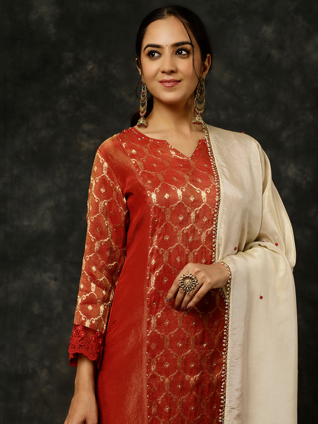 Maroon Bead Work Silk Straight Kurta With Pants And Dupatta