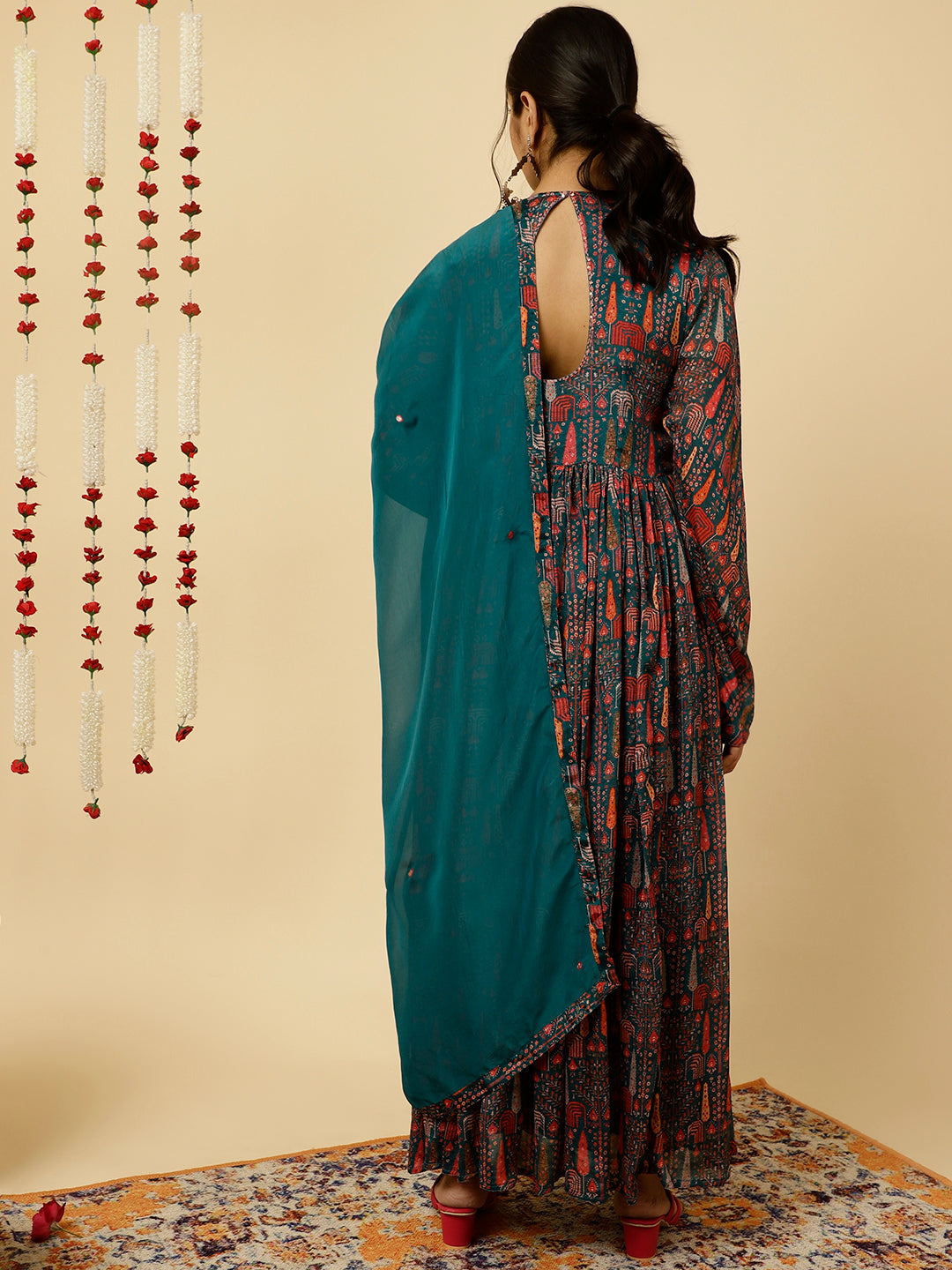 Teal Tribal Printed Flared Kurta With Dupatta