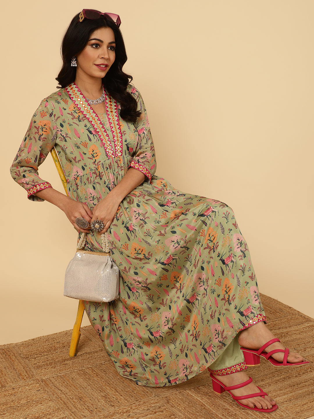 Green Mirror Embroidered Festive Kurta Set