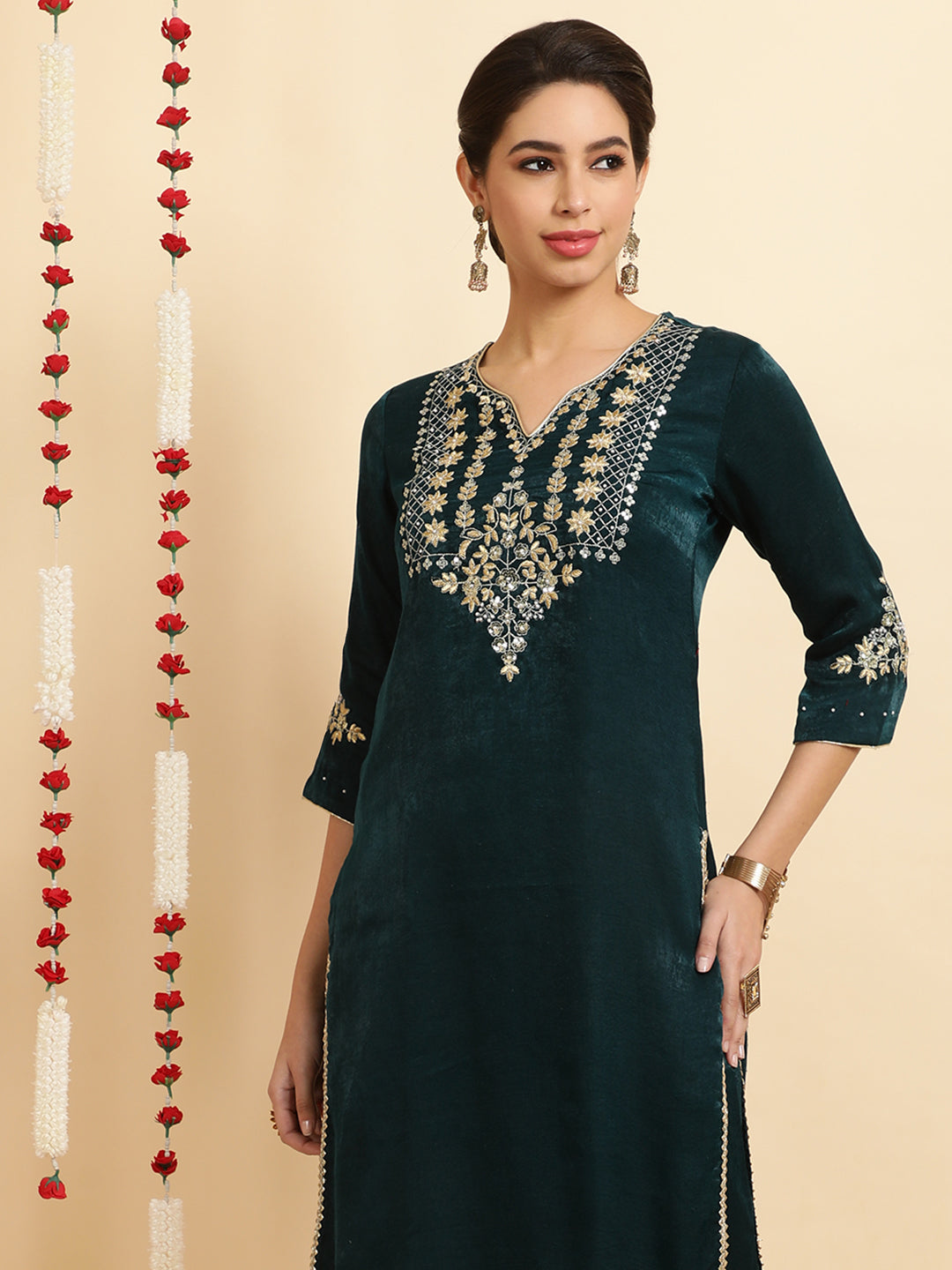 Dark Green Embroidered Velvet Kurta With Pants