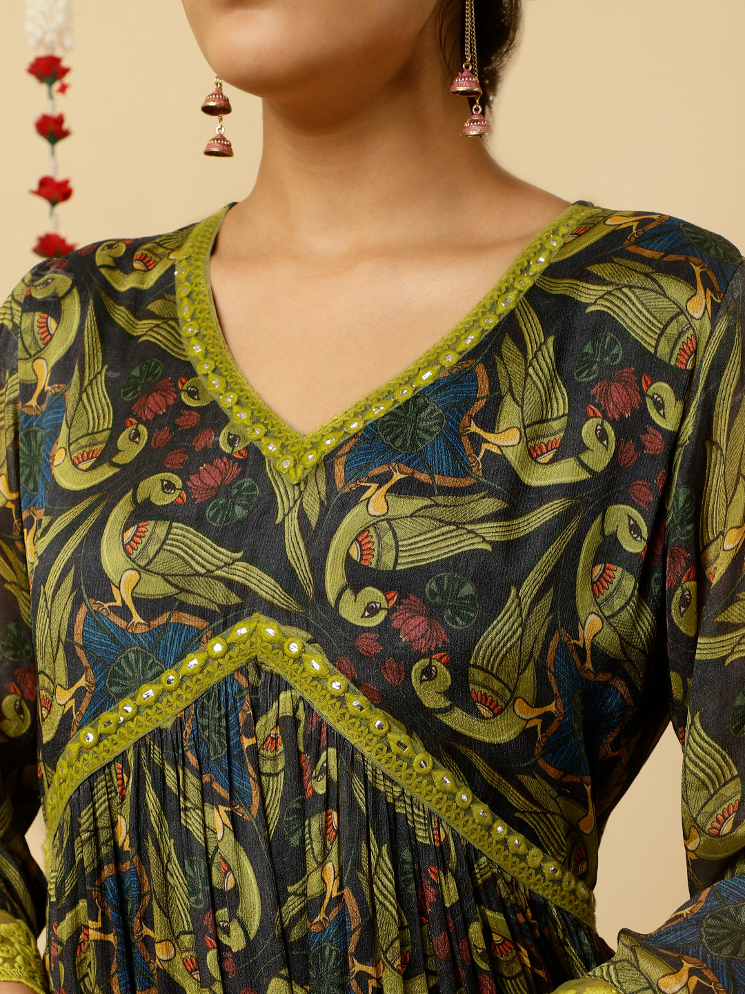 Green Animal Print Flared Kurta With Dupatta