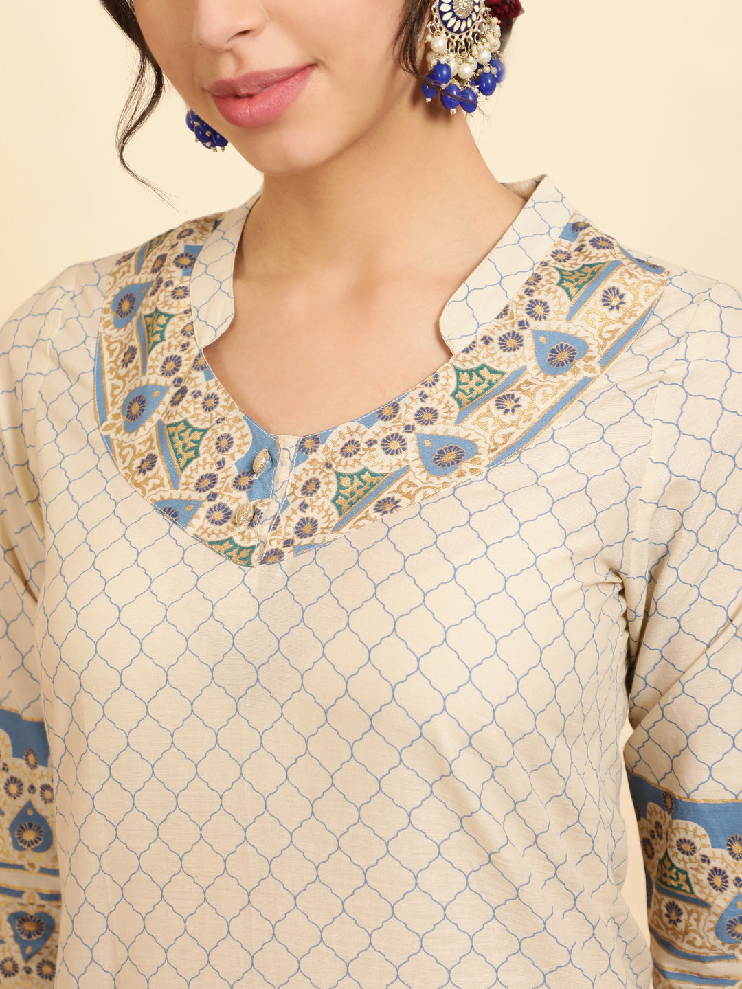 Ethnic Printed Blue Cotton Straight Kurta With Pants And Dupatta