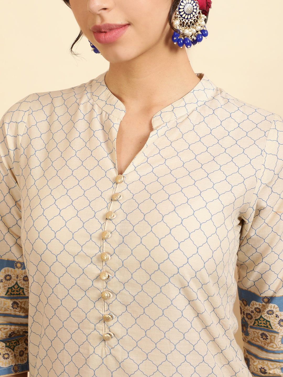 Blue Ethnic Motif Printed Cotton Straight Kurta With Pants And Dupatta