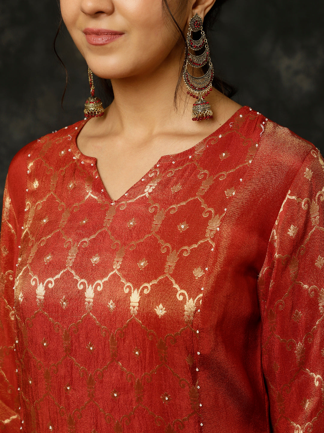 Maroon Bead Work Silk Straight Kurta With Pants And Dupatta